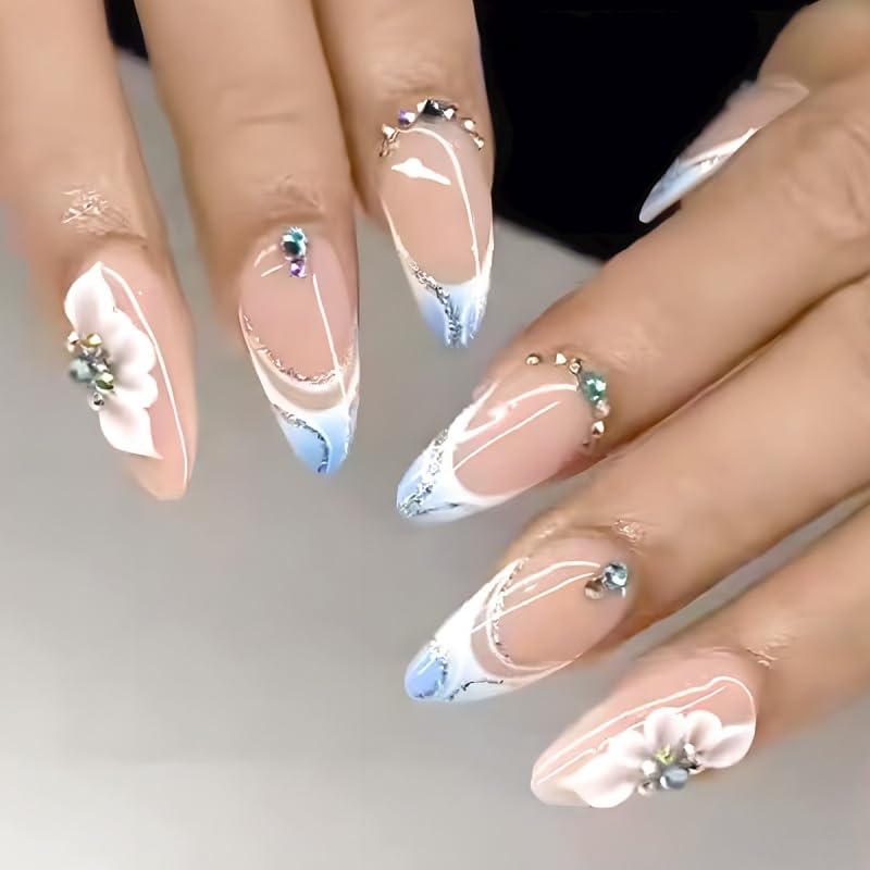 24Pcs Press on Nails Almond Fake Nails French Tip Glossy Acrylic False Nails Stick on Nails for Women, 02