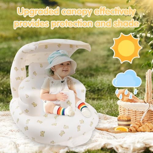 Image of Inflatable Baby Seat with Integrated Canopy for Babies 3 Months & Up, Baby Floor Seats for Sitting Up, Baby Seats for Infants, Blow Up Baby Chair with Built in Air Pump - Bear