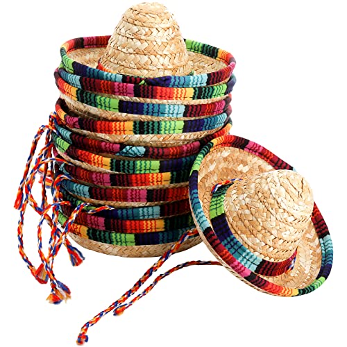 Frcctre 12 Pack Mini Mexican Hat Natural Straw Sombrero Party Hats, 5.5 Inch Carnival Mexican Birthday Cinco de Mayo Costume Hats Party Dolls Pets Decoration