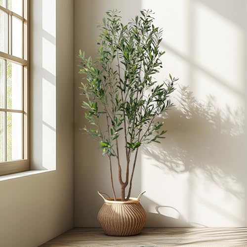 7FT Artificial Olive Tree Tall Faux Silk Plant Tall Faux Olive Tree with Natural Wood Trunk & Lifelike Fruits Fake Potted Tree or Home Office Decor