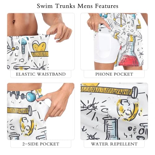 Mens Swim Trunks with Liner, Science Bottle Star Cool Quick Dry Beach Swim Shorts, Swimwear Bathing Suits S3