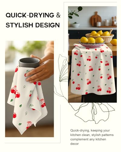 Image of Miss Adola Flour Sack Kitchen Towels Set of 2-18x26 Cotton Dish Towels with Hanging Loop Reusable Tea Towel for Cleaning Spring Absorbent Dishcloths Cute Home Decor Housewarming, Bow Cherry