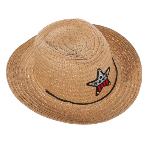 Beaupretty Children's Straw Cowboy Hat for Boys and Girls UV Protection Wide Brim Beach Hat Outdoor Activities Khaki