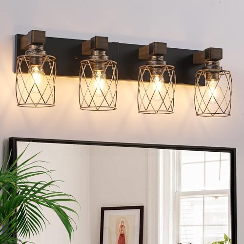 Image of 4-Light Black Gold Farmhouse Vanity Light, Wood & Metal Cage Shade