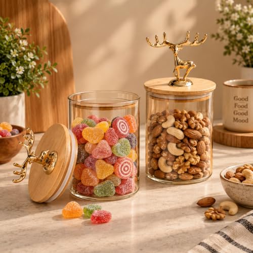 Image of bellemax 500ML Smoky Brown Glass Storage Jar with Airtight Bamboo Lid | Decorative Kitchen Storage Containers for Dry Fruits, Cookies, Candy, Snacks, Coffee, Tea, Sugar & Spices Set of 2
