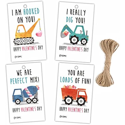 2.1" x 3.5" Valentine's Day Gift Wrap Tags | Construction Theme Happy Valentine's Day Gift Wrapping Decorations and Supplies for Kids | 40 Gift Tags with Strings-DP-001 Cover