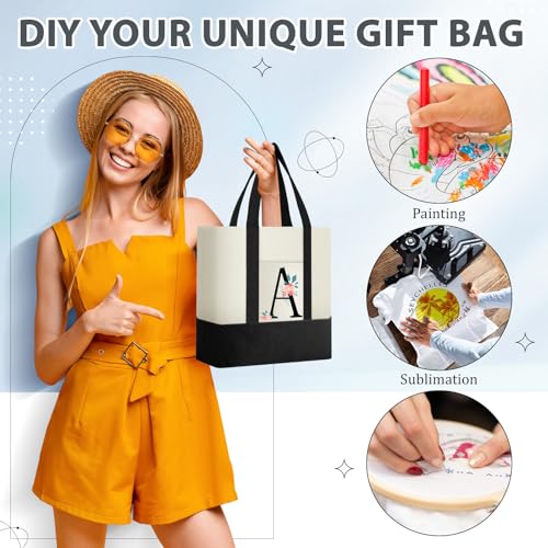 Sanwuta 6 Pcs Canvas Tote Bags Bulk with Outer Pocket Small Sublimation Blank Canvas Tote Reusable Grocery Bag for Women, DIY Craft (Black)