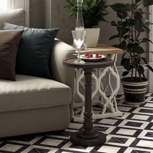 COZAYH Traditional Rustic Pedestal Table, Round Tray Top End Table with Farmhouse Style Distressed Finish for Small Spaces, Espresso