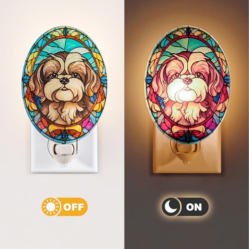 Image of Dog Night Light Shih Tzu, Stained Glass Styled Plug-in Wall Nightlight, Bulb Included, Pet Memorial Dog Lover Gift, Bedroom Hallway Bathroom Decor, Manual On /Off Switch