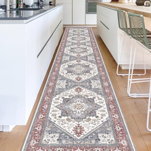 OPPODREAM Soft Entryway Rug 2x12, 2x12 Rug Runner, Washable Hallways Carpet 2 x 12 with Non Slip Backing, Low-Pile Bedside Carpet 2 x 12, Long, Faux Cashmere, Red & Grey