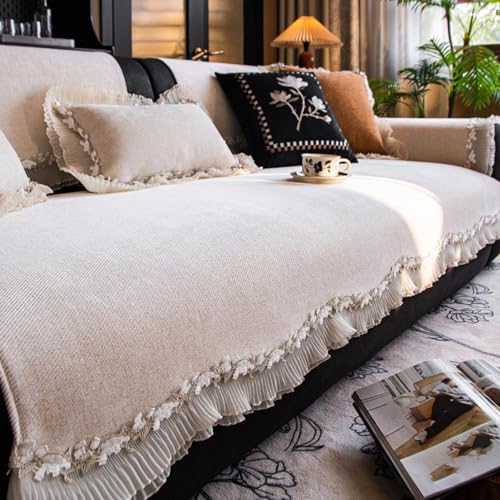 Housse de canapé sectionnel en chenille beige brodée 90x280cm pour salon - 2