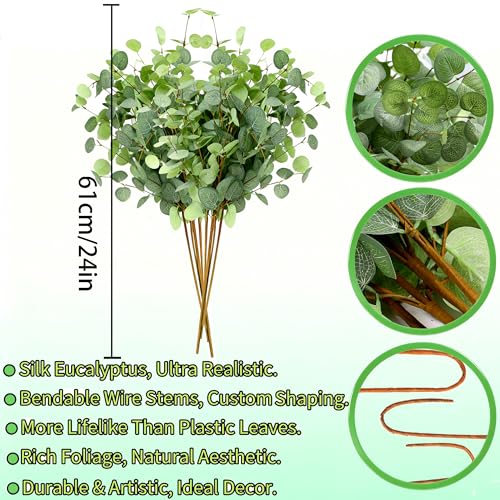 NASAMA 人工ユーカリの茎 緑の茎 高さ24インチ オレンジとレッド 秋の葉 フェイク植物 装飾 フェイクフローラルステム 花瓶ホームパーティー ウェディングデコレーション用 (7個グリーン) [3]