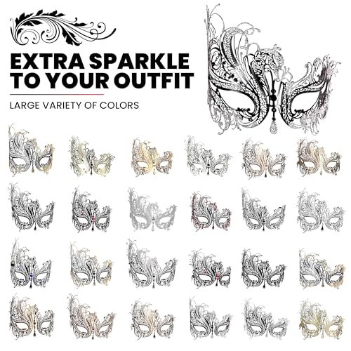 Image of Metal Filigree Masquerade Mask for Women - Swan Style Mask with Rhinestones for Mardi Gras, Prom, Halloween & Venetian Party