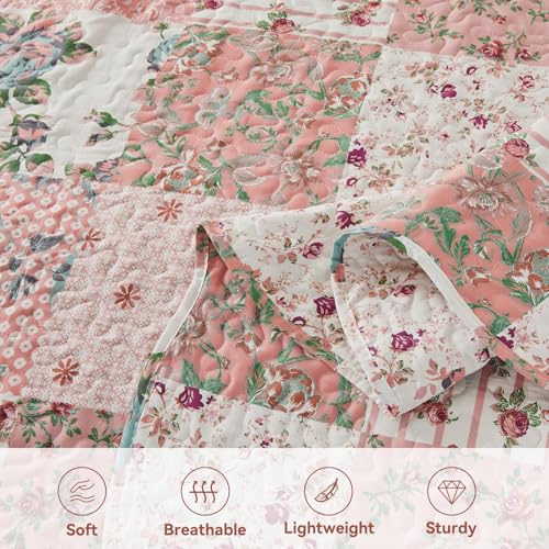 Qucover Single Bedspread, American Style Pink Patchwork Bedspread in Flower Pattern, Lightweight and Breathable Polyester Patchwork Quilt Coverlet Quilted Throw 150x200cm - Cosy Home Interiors Qucover Single Bedspread, American Style Pink Patchwork Bedspread in Flower Pattern, Lightweight and Breathable Polyester Patchwork Quilt Coverlet Quilted Throw 150x200cm - Image 4