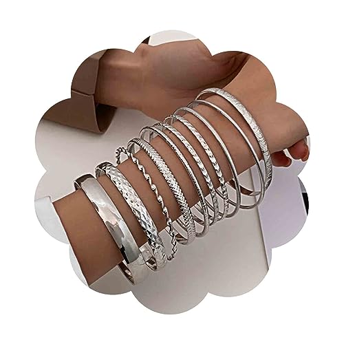 Andelaisi Punk Bangle Bracelet Gold Indian Bangle Bracelets Set Gothic Multi Stackable Wide Banglet Vintage Indian Bollywood Chunky Wide Bangle Bracelets Glossy Textured Bracelets(10PCS)(Gold)