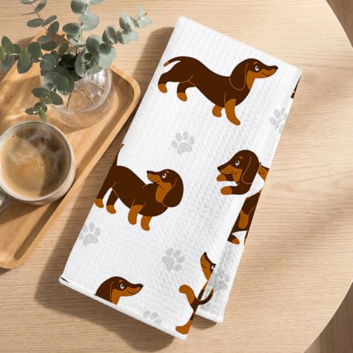 Image of 3 Pcs Cute Dachshund Kitchen Towels, Dachshund Gifts Reusable Dish Towels | Waffle Weave Absorbent Hand Towel for Kitchen Bathroom Decor, Cute Weiner Dog Gifts for Women Mom Friend 24x14 Inch