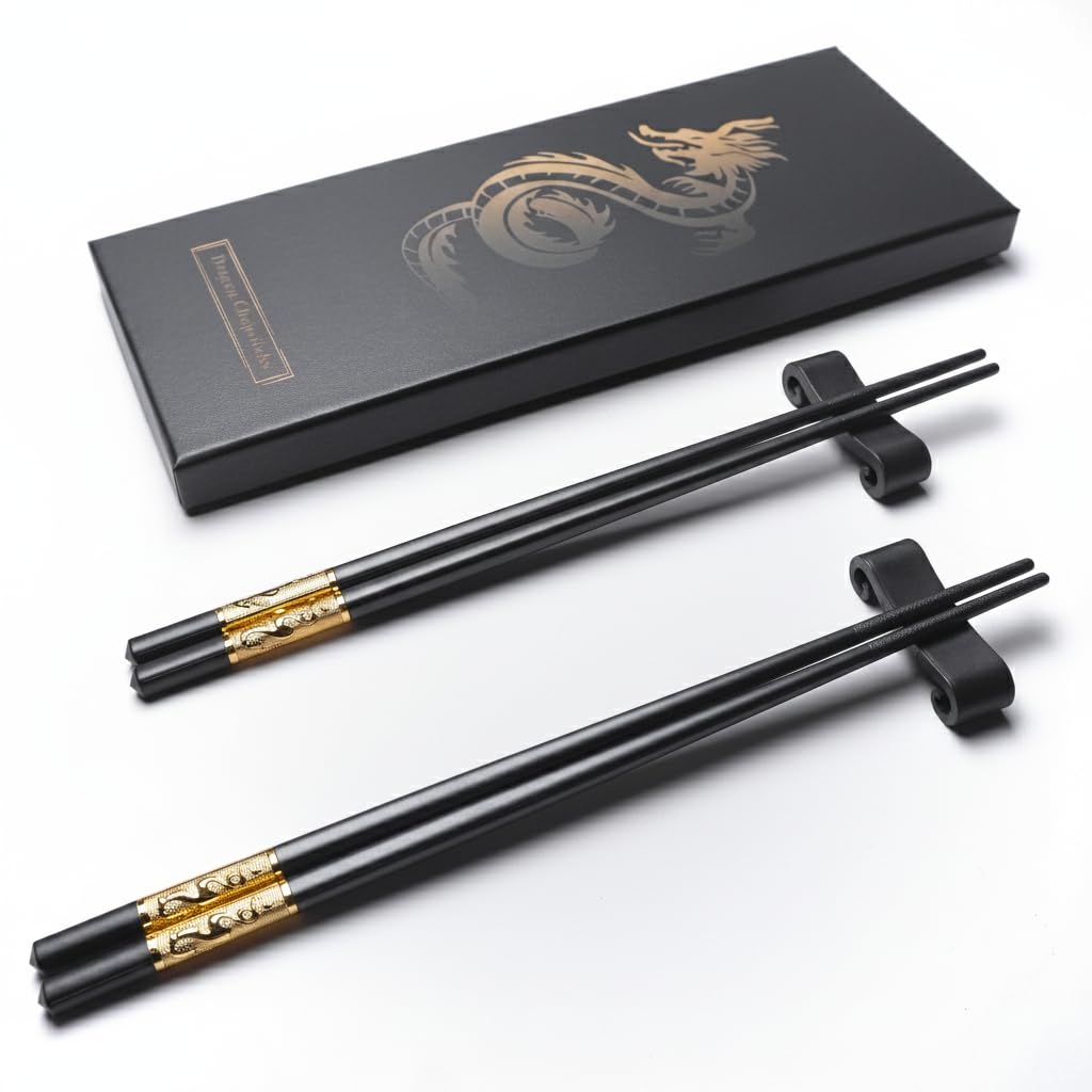 Bacchette Cinesi Drago Dorato - Set Elegante con Supporto e Borsa (2 Paia) - Materiale Sicuro, Lavastoviglie - Regalo Tradizionale