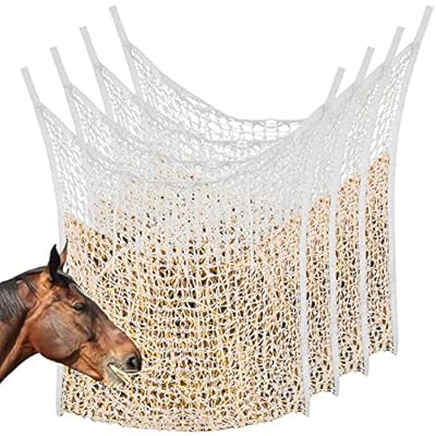 Riakrum 4 Pcs Hay Net White Slow Feed Hay Net Bag Hay Bags for Horses 35 x 31 Inch Horse Feed Bag Horse Feeding Supplies for Horse Feeder Full Day Feeding Horses Goat Stall Trailer
