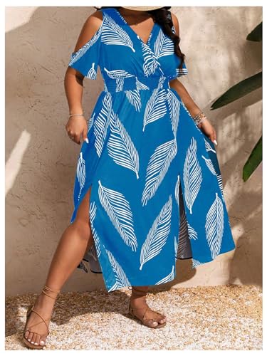 Image of Floerns Women's Plus Size Cold Shoulder Tropical Print V Neck Flared A Line Long Dress