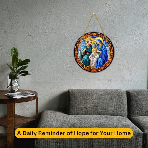 Image of Printality Stained Glass Style Christian Wall Hanging | Round MDF Plaque with Glossy Finish & Golden Zardosi String | Religious Wall Art | Jesus, Mary & Angels Design | Faith Home Decor (Design 2)