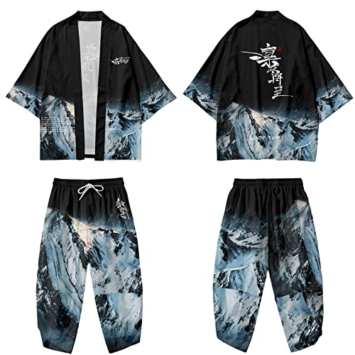 Image of DOSLAVIDA Men's Japanese Kimono Cardigan Suit Chinese Style Printed Jacket Pants Set Open Front Seven Sleeve Top & Shorts