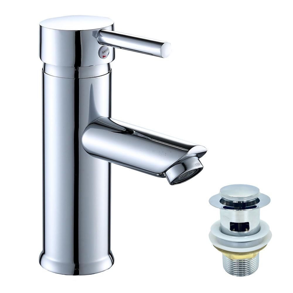 Basin Mixer Tap Bathroom Sink Taps Single Lever, Stainless Steel Modern with High-Arc Spout for Traditional Washbasin with Pop up Waste with 2pcs Explosion-Proof Water Inlet Pipes (Round 1 Hole)