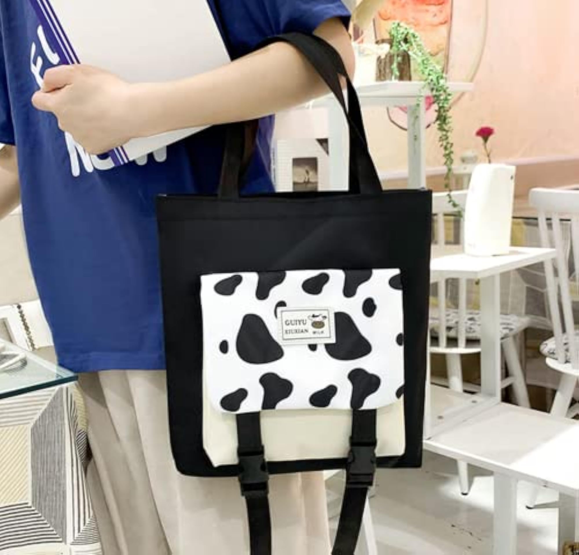 Cow Print 5Pcs Set Backpack with Aesthetic Accessories