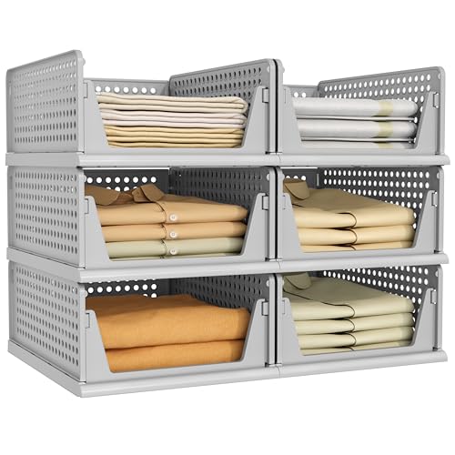 Image of Pinkpum Grey 6 Pack Closet Organizers Storage Bins, Stackable Plastic Drawer Basket for Clothing, Stackable Storage Bins Shelf Storage Container for Closet Wardrobe Bedroom Bathroom Office