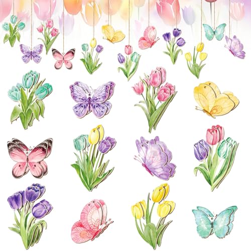 Holz Deko Frühling 24 PCS Holzanhänger Frühling Frühlingsdeko Holz Bunt Frühlings zum Aufhängen Hängedeko Holzanhänger Blumen Anhänger Tulpen Schmetterlinge für Zweige Türen Fenstern Gärten Höfen