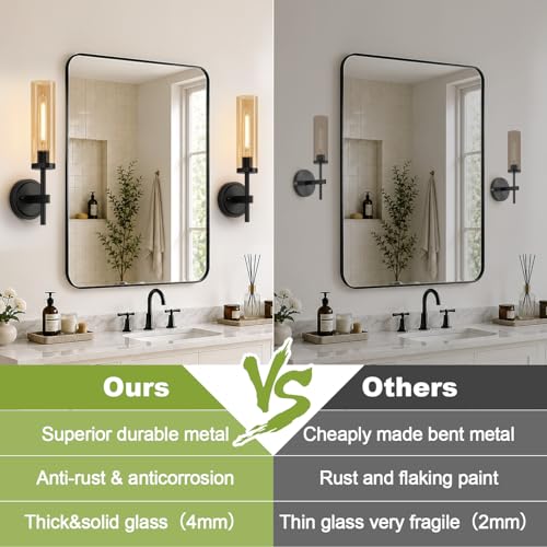 Image of MOKATNG Hardwired Wall Sconces Set of Two, Matte Black Bathroom Sconces with Amber Glass, Modern Wall Light Fixtures for Bathroom Mirror Vanity, Living Room, Hallway, Stairway, Cabinet, Foyer