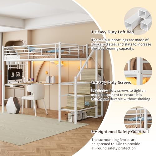 Image of Twin Size Metal Loft Bed with Reversible Stairs & L-Shaped Desk,White | Storage Stairs,Wardrobe,L-Shaped Desk,USB Charging Station,Space-Saving for boys & Girls, Noise-Free, No Box Spring Needed