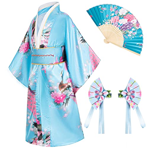 Japanese Traditional Dress Kimono Robe for Kids Girls Costume Silk Folding Fans hairstick Set(Skyblue150cm)