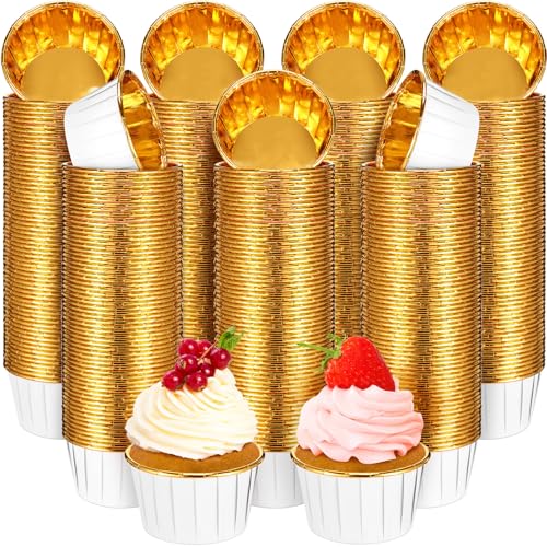 Image of 300 Pack White Gold Cupcake Liners Bulk Disposable Foil Muffin Cup