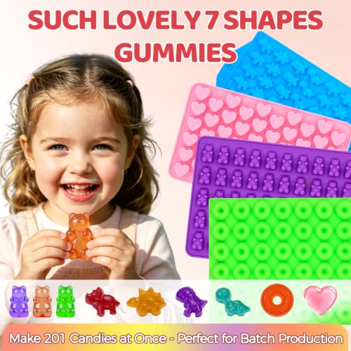 Image of Gummy Bear Molds Silicone Mini Size, Non-stick Chocolate Candy Gummy Mold with 2 Droppers Including Dinosaur, Bear, Hearts and Donut Shape 201 Cavities