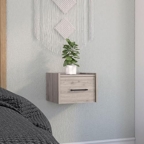 RiouPsithuric Mueble Flotante Moderno Mesita de Noche Mural con un cajón, Gris Claro. Mesita Auxiliar compacta Que Ahorra Espacio, 35 x 33,5 cm (13,8' x 13,2'), Ideal para Dormitorio o Sala de