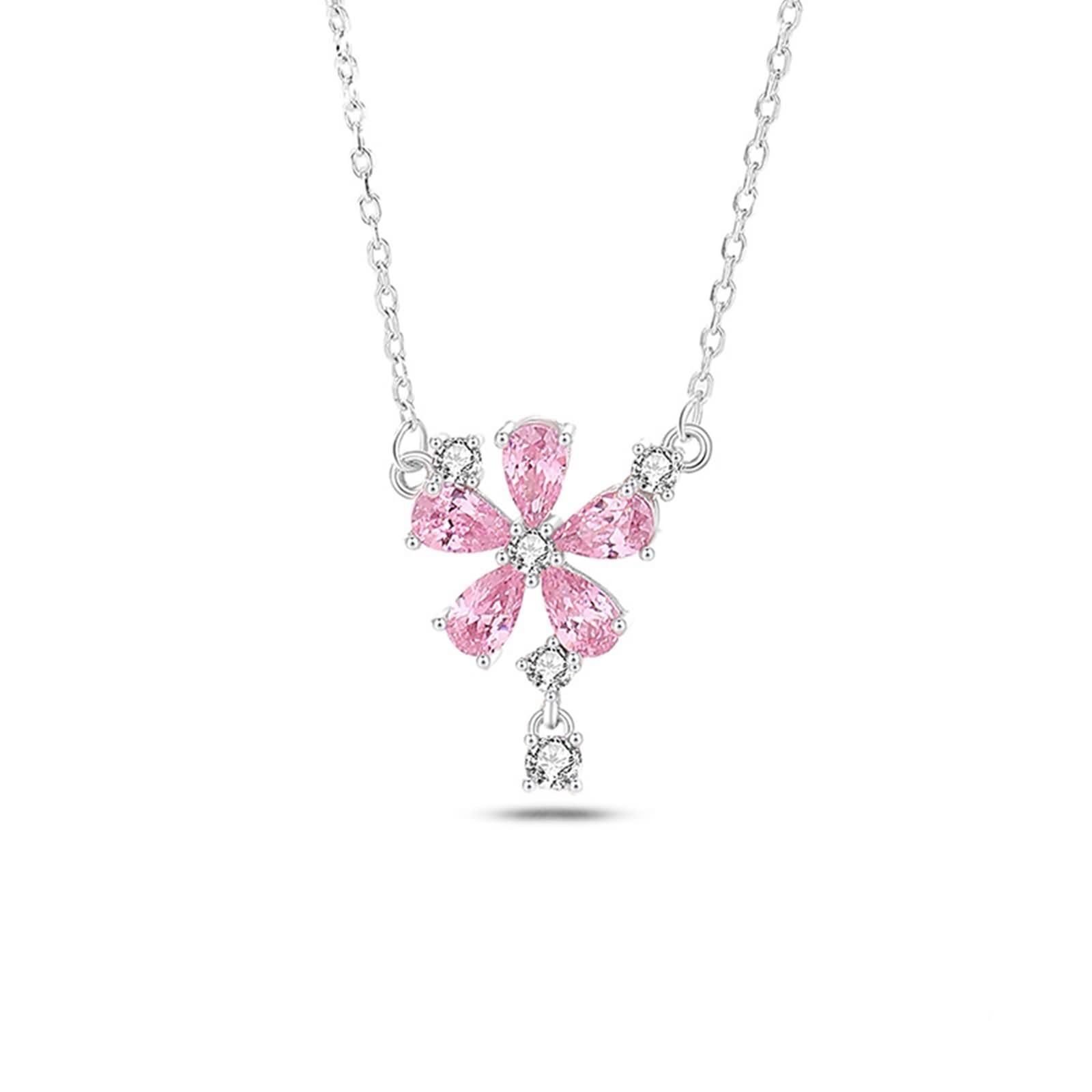 Collar con colgante de oro blanco de 9 Kt/14 Kt/18 quilates para mujer, flor con zafiro rosa y moissanita de 1,5 quilates, cadena de collar rosa plateado para mujer