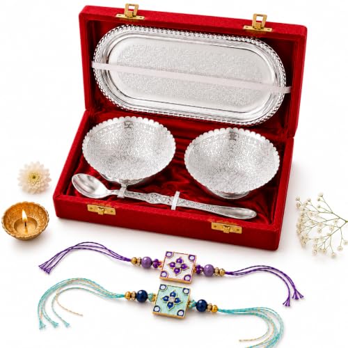 Image of Jaipur Ace Rakhi Gift Hamper for Bhaiya Bhabhi with Silver Plated Bowl Set, Pooja Thali, 2 Designer Rakhis, Roli Chawal, Raksha Bandhan Gift Set for Brother Bhabhi, Premium Rakhi Combo with Red Velvet Box