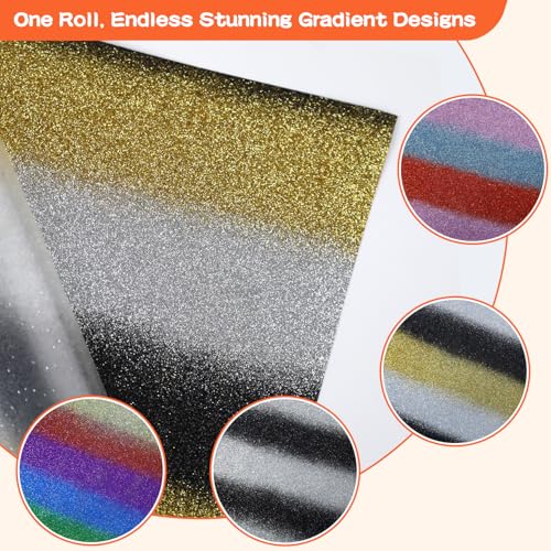 Image of guangyintong Rainbow Glitter Heat Transfer Vinyl Rolls - 12 inch x 8ft Silver-Black-Gold Gradient Glitter HTV Vinyl for Shirts, Iron On Vinyl for All Cutter Machine - Easy to Cut & Weed for Vinyl Design