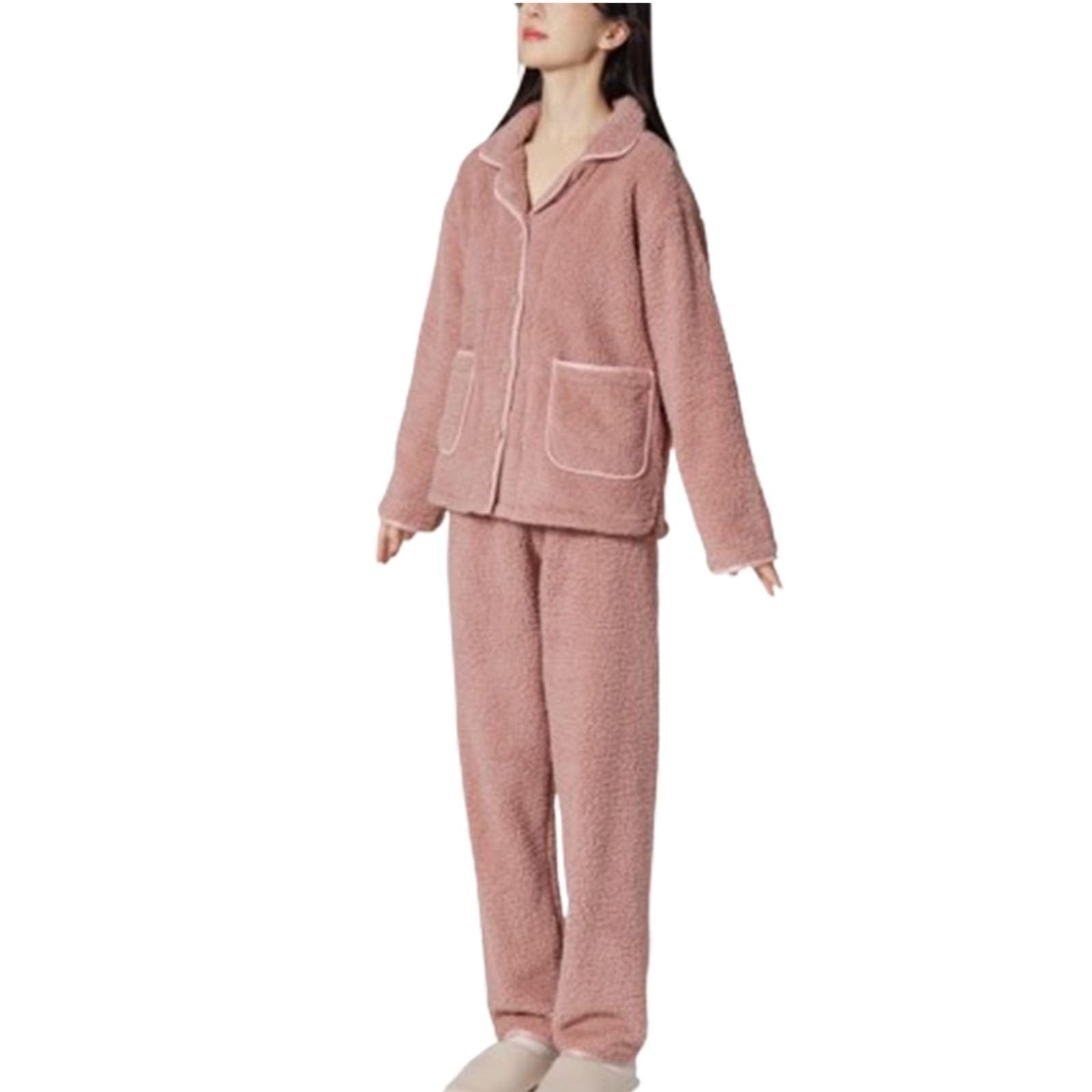 Generisch Pigiama da donna, con fodera in pile, morbido, caldo, biancheria da notte e baggy, in pile, 2 pezzi, con bottoni, risvolto elasticizzato, per dormire