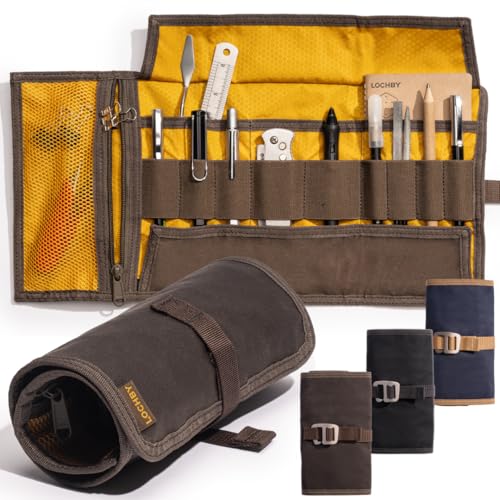 LOCHBY Art & Electronic Organizer | EDC Roll-Up Tool Bag for Pen Lovers & Tech | Multi-Pocket with Elastic Loops for Pens Cables External Hard Drives | Stylish Waxed Canvas & Durable Aluminum Hooks