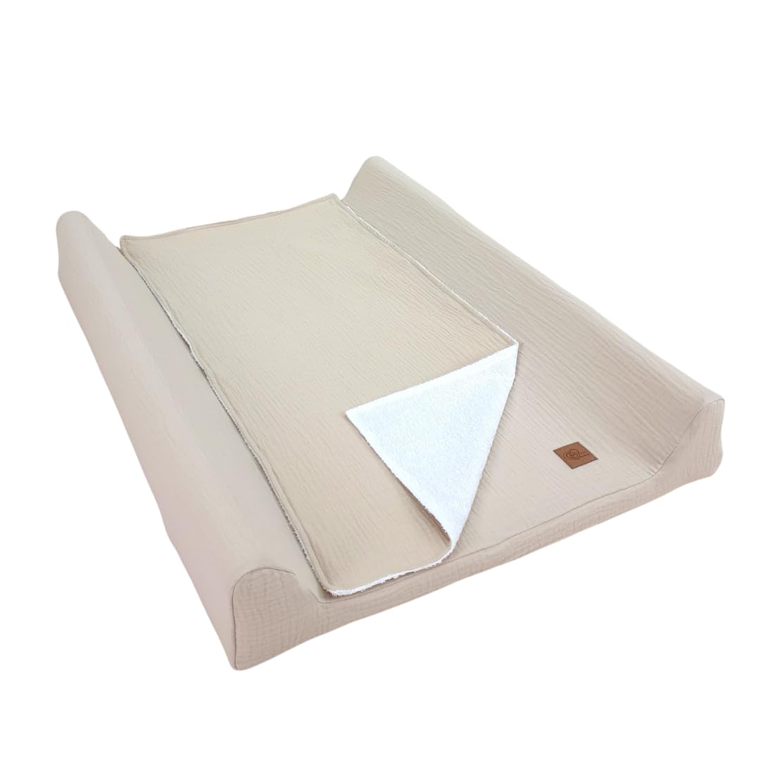 Mata do przewijania dla niemowląt 50 x 70 cm – zestaw 3 w 1 ze zdejmowaną poszewką z muślinu (beżowa) podkładka do przewijania, zmywalna, z obramowaniem + wodoszczelna nakładka na stół do