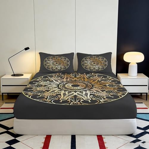 Drap housse imprimé 3D mandala microfibre poche profonde antidérapant