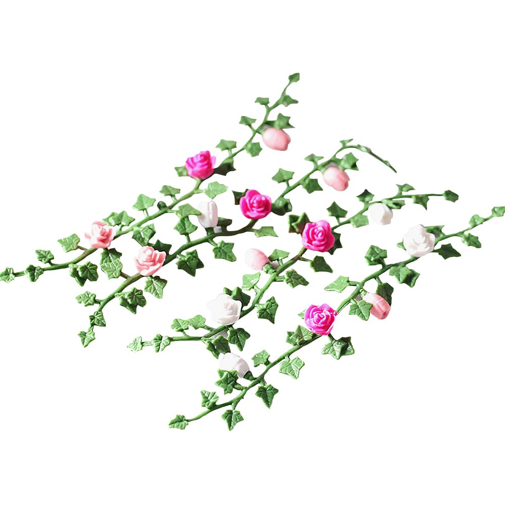 JIHUOO 4 Pcs Miniature Rose Flower Vine Dollhouse Flower Garland Doll House Miniature Vines Mini Dollhouse Hanging Plants Fairy Garden Decorations Accessories