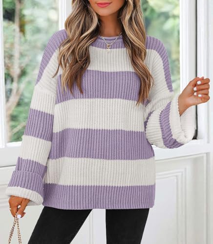 Image of ZESICA Womens Long Sleeve Oversized Striped Knitted Sweaters | Color Block Sweater,Crew Neck Sweater,Loose Fit Sweater,Ribbed Knit Pullover,2026 Fall Winter Sweater,Casual Going Out Top