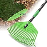 Rechen, 107cm Laubrechen mit Verstellbar Stiel - 42cm Große Fläche Gartenrechen Laubharke aus Kunststoff mit Verstärkten 23Zinken, Rasenrechen zum Reinigen von Pflanzen, Rasen und Hof