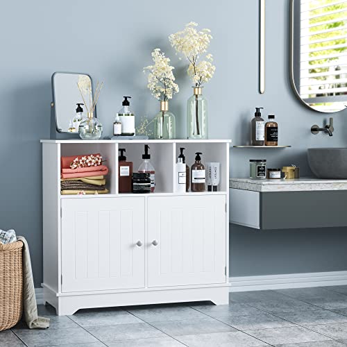 Horstors Floor Storage Cabinet, Linen Freestanding Bathroom Cabinet, Side Accent Cabinet With Doors And 3 Open Cubes For Home Office, 31.4" L X 11.8" D X 29.1" H, White #TOP1