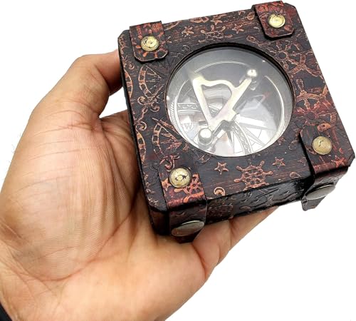 Compás de bolsillo de latón artesanal con reloj solar estilo steampunk y estuche de cuero, regalo pirata miniatura 4