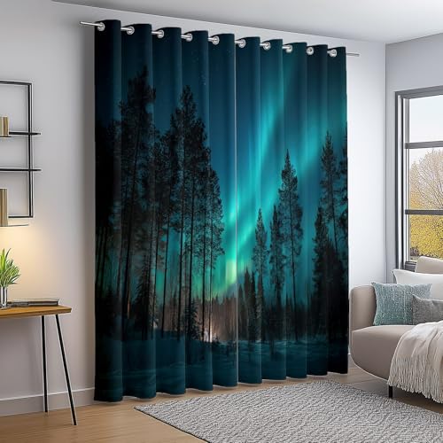 Genérico Cortinas de 75 An x 166 Al cm (2 Paneles),Minimalismo Abstracción Aurora Plantas Blackout Cortinas de Dormitorio - Tratamientos de Ventana 2 Paneles para Ventanas de salón Azul Verdoso