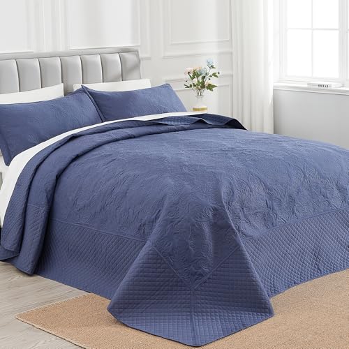 Image of ENJOHOS Navy Blue 138x122 Extra Wide Oversized King Quilts - California King Bedspread, Reversible Summer Soft Microfiber Bed Coverlet Super King Bedding (1 Cal King Quilt, 2 Pillow Shams)