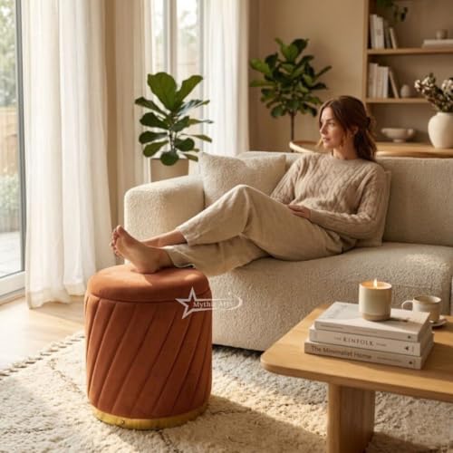 Image of Mythic ArtsRound Upholstered Sitting Stool & Footrest Velvet Storage Ottoman Pouffe13 X 13X 16 inch | Versatile Puffy for Living Room, Bedroom, and Office ? Chic Home Furnishings & Dcor Coffee